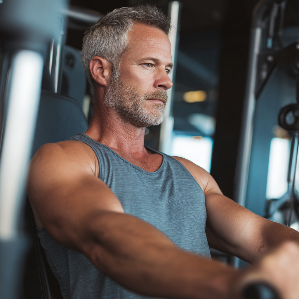 mature athlete working out with modern equipment in professional fitness studio