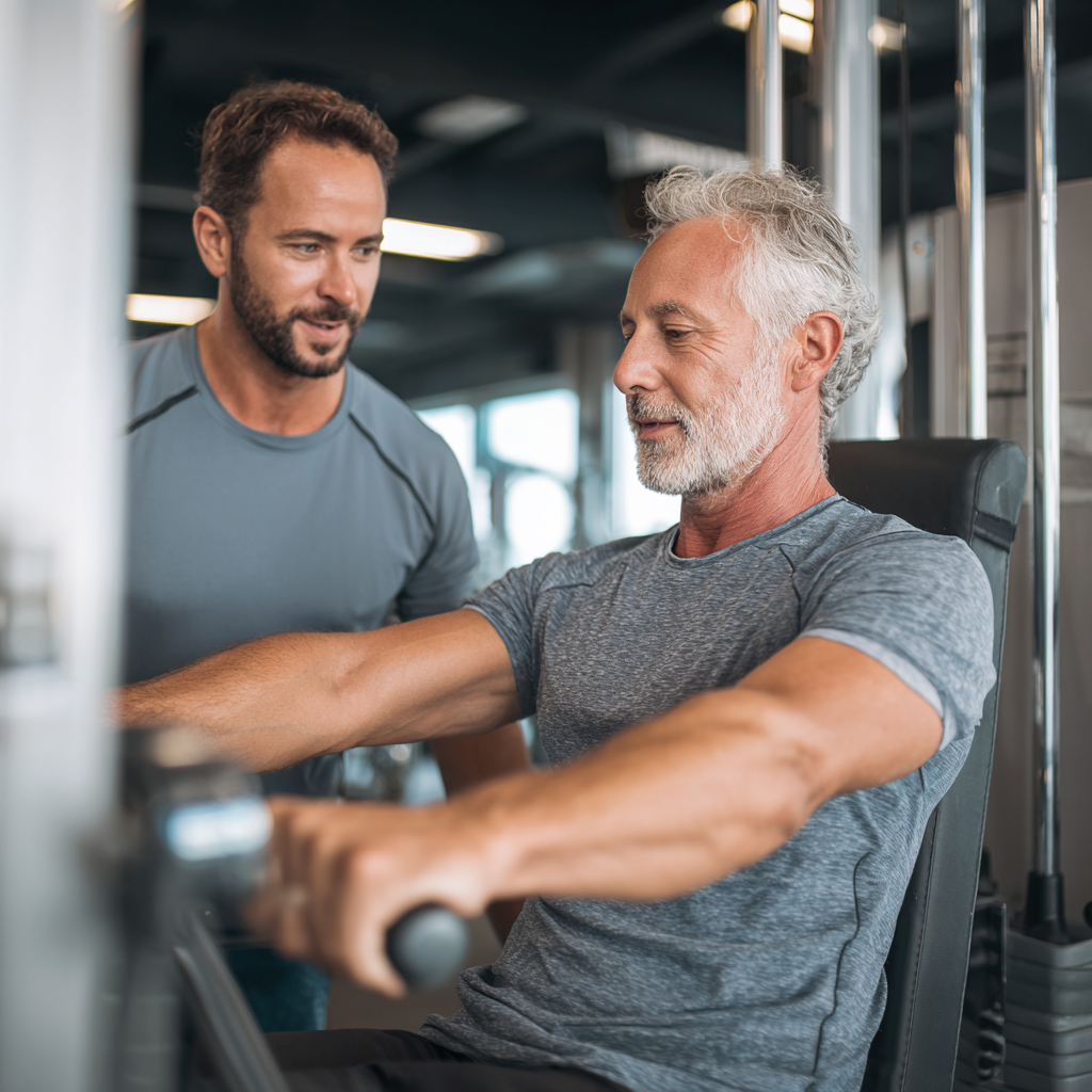 professional fitness trainer working with middle aged client using modern exercise equipment